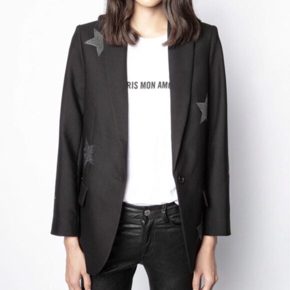 ZADIG & VOLTAIRE Viva Etoiles Strass Blazer Black Rhinestone Stars size 40 Large - Picture 1 of 14